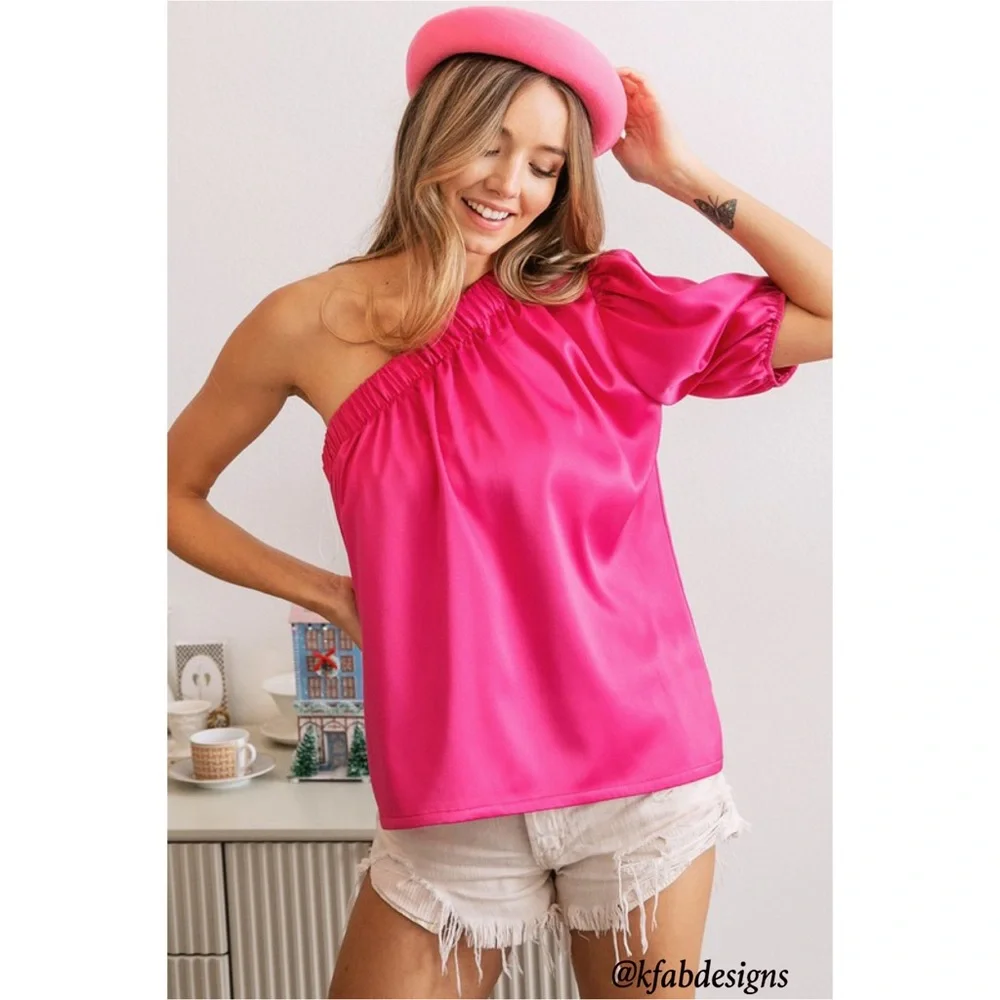 NEW! Fuchsia Soft Stretch Satin One Shoulder Top! - Picture 6 of 15